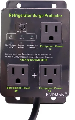Vista 3 de Protector contra sobretensiones para refrigerador ENDMAN para electrodomésticos con tres salidas con retardo de tiempo, protege contra apagón