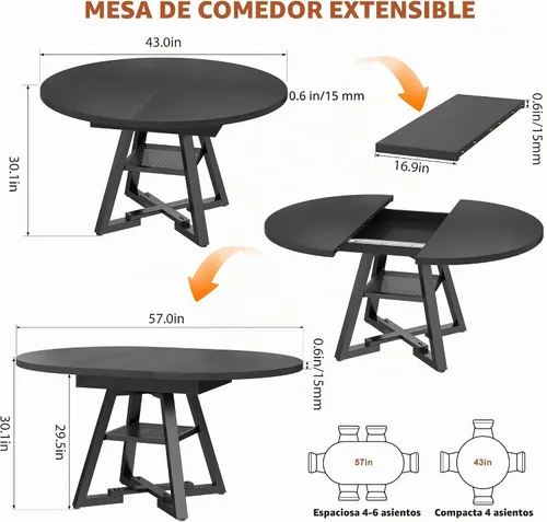 Vista 2 de Mesa de comedor redonda extensible de 43 a 57 pulgadas para 4-6, moderna mesa de comedor ovalada de cocina industrial con hojas extraíbles, base