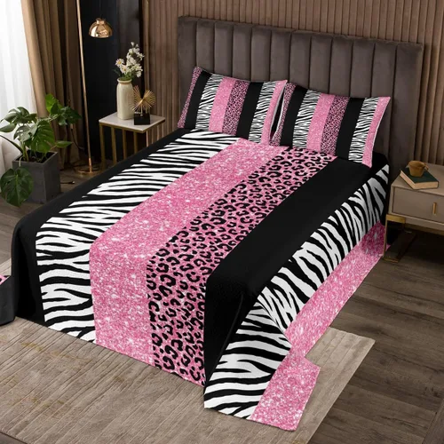 Vista 25 de Juego de colcha con lazo para niños, tamaño individual, diseño de cebra y leopardo con purpurina, decoración de habitación para niñas y mujeres