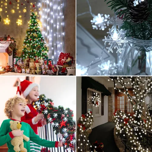 Vista 7 de Luces de copo de nieve de Navidad, cadena de luces LED de 20 pies con 40 Luces de copo de nieve - Blanco frío
