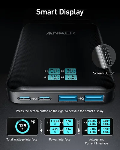 Vista 5 de Anker Prime Estación de carga, tira de alimentación de viaje 6 en 1 de 140 2 AC, 2 USB A, cable de extensión desmontable de 5 pies con múltiples