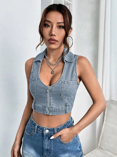 Vista 3 de WDIRARA Camiseta sin mangas con cuello redondo y bolsillos parcheados para mujer