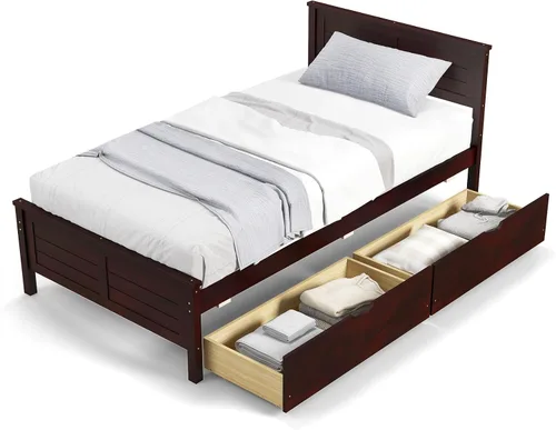 Vista 9 de KOMFOTT Marco de Cama de Madera Tamaño Twin con 2 Cajones de Almacenamiento, Marco de Cama de Plataforma de Mediados de Siglo con Cabecero, Soporte