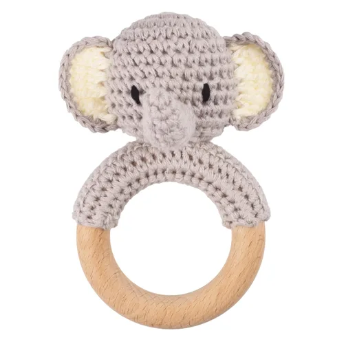 Vista 5 de Joliecraft Juguetes Sonajeros de Madera de Animales de Safari para Bebé, Sonajero de Ganchillo Relleno con Anillo Mordedor para Recién Nacido, Oso