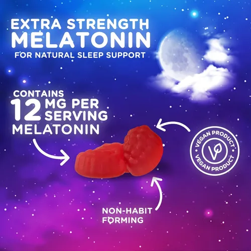 Vista 5 de Gomitas de melatonina para dormir, melatonina de 12 mg por porción, extra fuerte para apoyar el sueño, gomitas de melatonina, suplemento vegano
