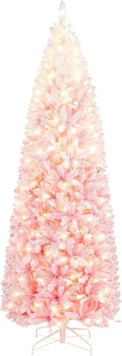 Vista 11 de Yaheetech Árbol de Navidad de Abeto Tipo Lápiz Preiluminado con Nieve Artificial de 6 pies con Bisagras, Árbol de Navidad Delgado para Esquina Negro