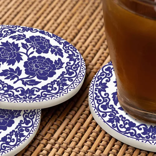 Vista 6 de Ramo de posavasos azules para mesa, adorno polinesio, tótem circular, tótem reutilizable, juego de 2 posavasos para café, hogar, granja, sala