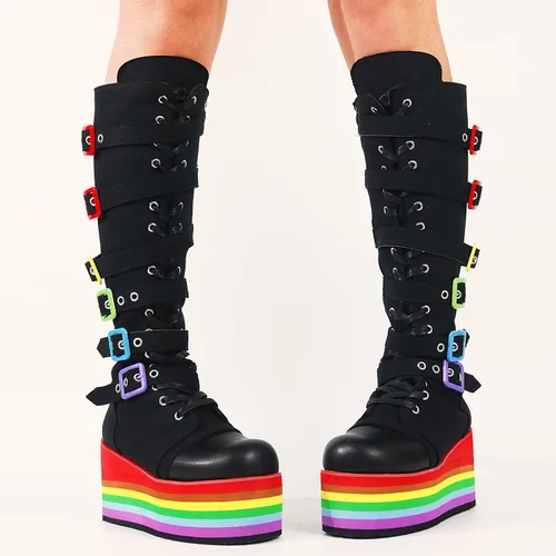 Vista 5 de VOMIRA Botas de combate de plataforma para mujer punta redonda góticas punk con cordones botas de motocicleta impermeables de tacón alto de media