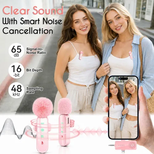 Vista 2 de 2 MINI Micrófono Lavalier Inalámbrico para iPhone/Android/Cámara Rosa