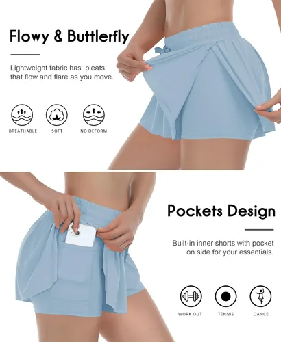 Vista 4 de QooNoo Pantalones cortos deportivos 2 en 1 para mujer, pantalones cortos de mariposa fluidos con bolsillos, pantalones cortos de gimnasio de alta