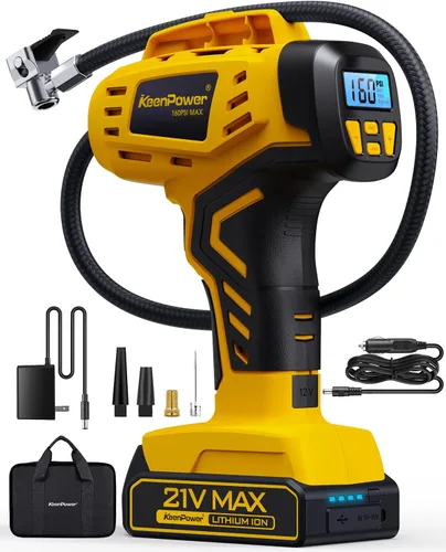 Vista 9 de KeenPower Compresor de aire para inflador de neumáticos, bomba de neumáticos de coche inalámbrica de 21 V con batería recargable de iones de litio