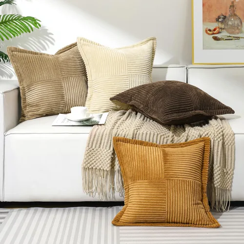 Vista 5 de Lewondr - Juego de 4 fundas de almohada de pana de 20×20 pulgadas, fundas de almohada cuadradas suaves, fundas de almohada decorativas con rayas