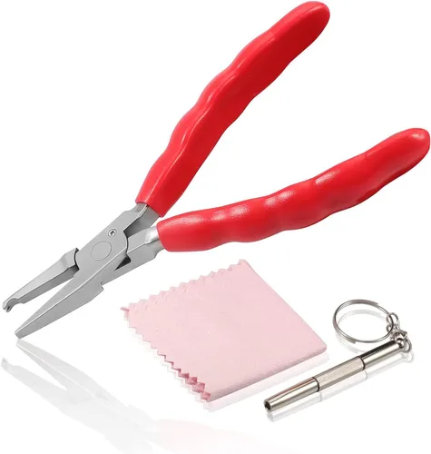 Vista 11 de Alicates de punta doblada de 6 pulgadas, kit de herramientas de reparación y ajuste de lentes de acero inoxidable con destornillador y paño