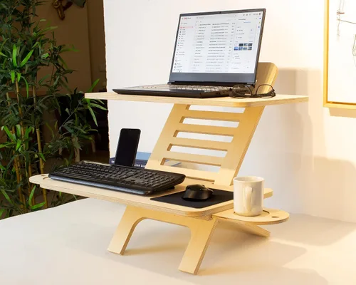 Vista 8 de Soporte ajustable para computadora portátil de madera, convertidor de escritorio de pie, soporte de escritorio de estación de trabajo, mesa