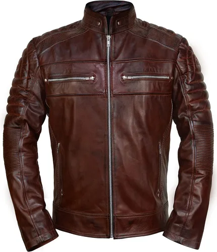 Vista 14 de Mens Premium Distressed Brown Padded Armored Cowhide Leather Cafe Racer Jacket – Vintage Protective Moto Jacket