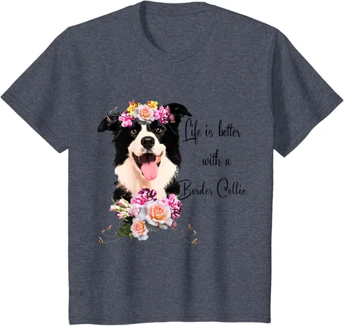Vista 68 de Life is Better With a Border Collie - Camiseta de perro lindo con flores, gris, S Gris Oscuro