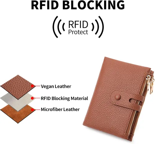 Vista 7 de FALAN MULE Cartera pequeña de cuero para mujer, con bloqueo RFID, tarjetero plegable con bolsillos dobles con cremallera, Marrón claro