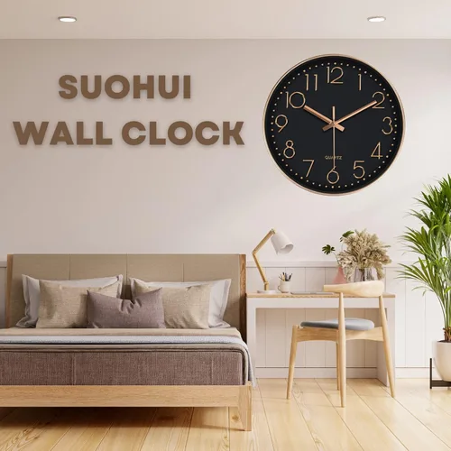 Vista 8 de Reloj de pared silencioso de 12 pulgadas, relojes de pared sin tictac que funcionan con pilas, para decoración de sala de estar, reloj de pared Oro