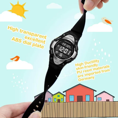 Vista 2 de Reloj digital deportivo para niños y niñas, resistente al agua, relojes electrónicos con alarma LED, cronómetro