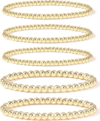 Vista 9 de Pulsera para mujer con cuentas chapadas en oro de 14 quilates, pulsera elástica de cuentas redondas Oro - 2 cubos+1 cuenta