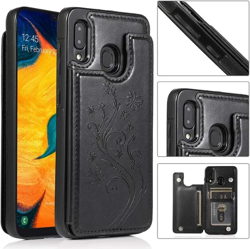 Vista 2 de Funda de teléfono para Samsung Galaxy A20 A30 con protector de pantalla de vidrio templado, tarjetero con soporte para tarjetero, soporte para Negro