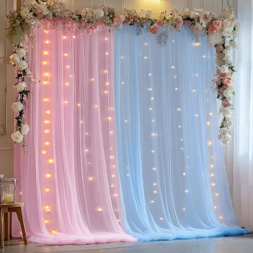 Vista 34 de Cortina de telón de fondo de tul azul bebé de 10 x 8 pies con cadena de luces para fiestas, cortinas de fondo transparentes para bodas, baby shower
