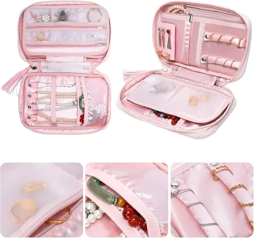 Vista 3 de MOSISO Estuche organizador de joyas de viaje, bolsa de almacenamiento portátil de joyería con mango de poliuretano para collares, aretes, anillos
