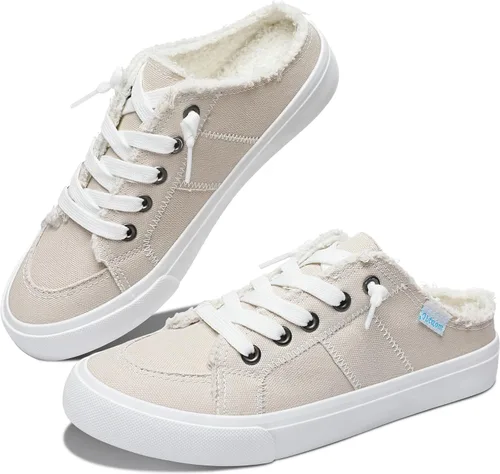 Vista 36 de Obtaom Sandalias de lona para mujer con espuma viscoelástica Clipper, tenis de moda, cómodas, fáciles de poner, sandalias sin tacón para mujer Beige