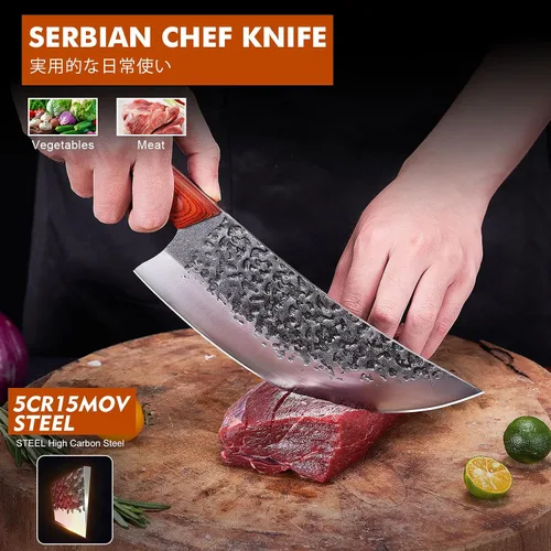 Vista 3 de Juego de cuchillos de carnicero profesional, cuchilla de carne pesada forjada a mano, cuchillo de chef serbio, cuchillo de deshuesado vikingo, juego