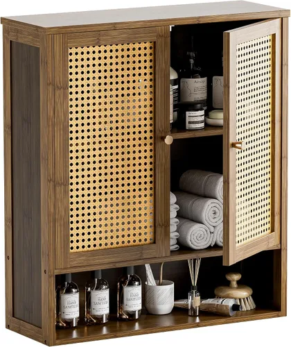 Vista 10 de HITNET Gabinete de baño montado en la pared, gabinete colgante de ratán, gabinete de pared de baño que ahorra espacio con 2 puertas y estantes Negro