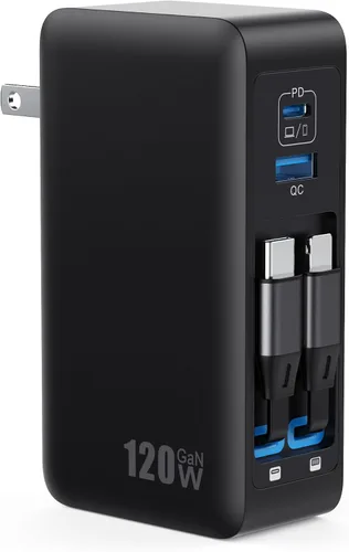 Vista 9 de Bloque de cargador USB C de 120W con 2 cables retráctiles integrados, cargador de pared con enchufe plegable GaN IV 4 en 1, estación de carga A-Plata