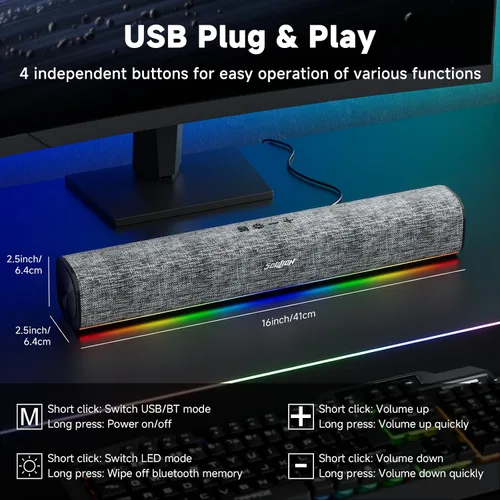 Vista 2 de SOULION R100 Altavoces de computadora Bluetooth con luz LED dinámica, altavoces de PC USB Plug & Play con botón de interruptor, barra de sonido