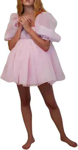 Vista 2 de Mini vestido de manga abombada para mujer, cuello cuadrado, manga de burbujas, tul babydoll de tul corto para fiesta de graduación