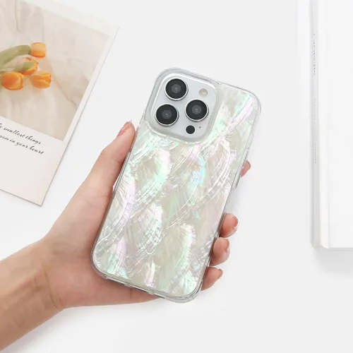 Vista 7 de Funda para iPhone fabricada con concha marina genuina única, duradera, impresionante hermosa, protección contra caídas, funda estética de lujo Beige