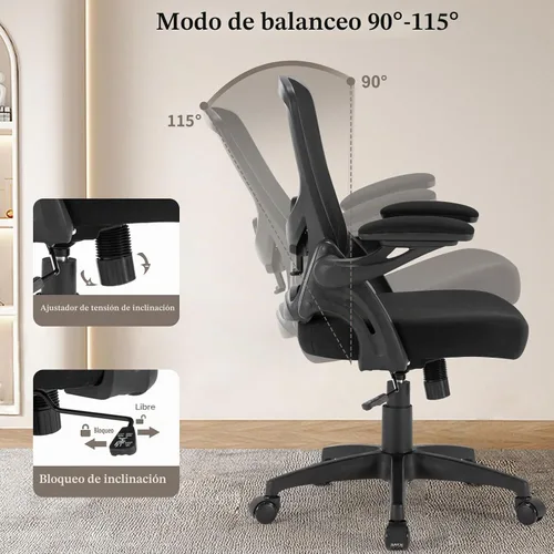 Vista 5 de Silla de oficina ergonómica, cómoda silla de escritorio con brazos abatibles, silla de computadora de malla con soporte lumbar ajustable, sillas