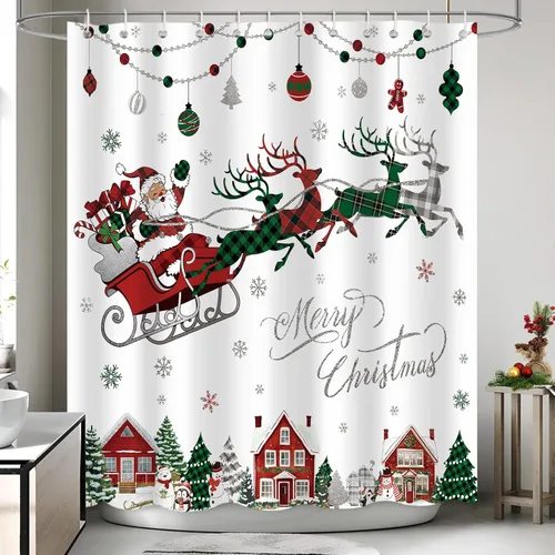 Vista 5 de APROPHIC Cortina de ducha de Feliz Navidad, cortina de ducha de búfalo rojo y verde, a cuadros, Papá Noel, trineo, reno, copo de nieve, para baño