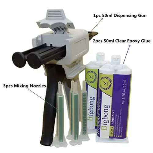 Vista 2 de Bigbong Pistola dispensadora 1:1, aplicador manual, dispensador de adhesivo y 5 boquillas de mezcla estáticas, puntas mixtas y 2 adhesivos epoxi