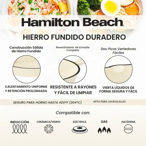 Vista 3 de Sartén de Hierro Fundido Esmaltada Hamilton Beach de 8 Pulgadas en Crema, Revestimiento Esmaltado en Crema, Sartén para Estufa y Horno
