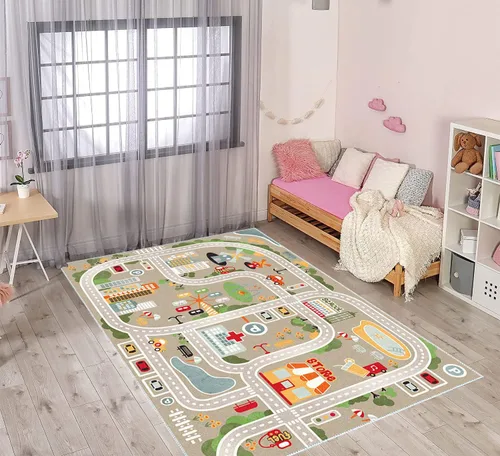 Vista 4 de Alfombra de juegos para niños, alfombra de juego para autos de juguete y trenes, alfombra de área de juegos con respaldo de goma, alfombra