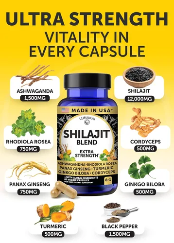 Vista 3 de Lunakai Cápsulas puras de Shilajit fabricadas en Estados Unidos con Ashwagandha, Rhodiola y Cordyceps - Extracto de Shilajit extra fuerte