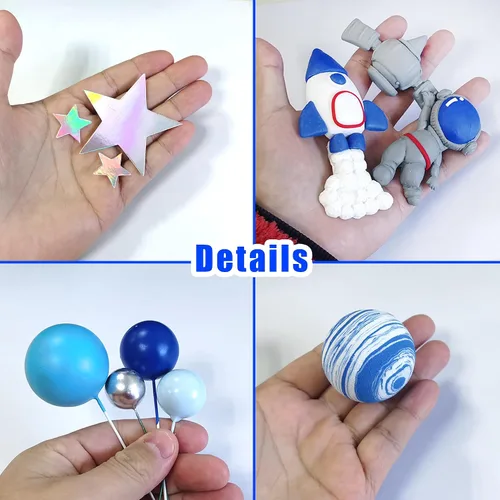Vista 3 de Decoración para tartas espaciales de arcilla: figuras de astronauta, bolas de cohete, estrellas, decoraciones temáticas de espacio para niños