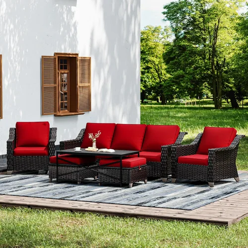 Vista 41 de Joyside Juego de 2 sillas de mimbre para patio, muebles de ratán para exteriores con reposabrazos anchos y cojines gruesos, tamaño grande mejorado