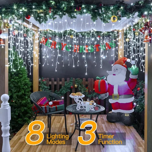 Vista 2 de Ollny Luces de Carámbano para Exteriores Blanco Frío, 600LED 49FT Luces de Navidad con Control Remoto 8 Modos Regulables, Impermeable Conectable