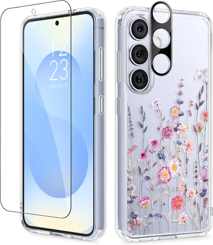 Vista 94 de GVIEWIN Funda protectora para Samsung Galaxy S25, transparente floral, delgada, a prueba de golpes, para mujer, no se pone amarilla, con protector