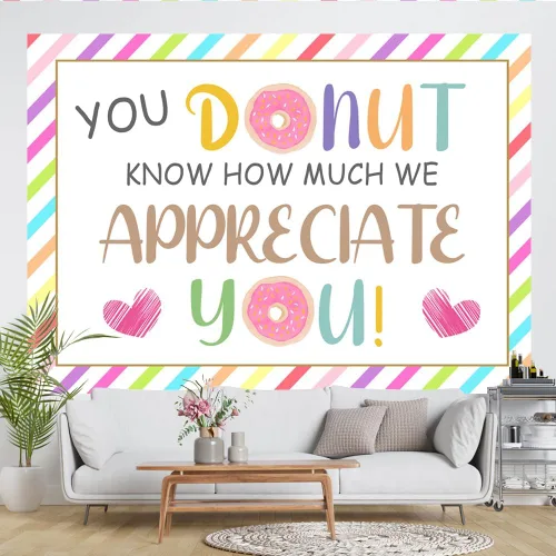 Vista 4 de Lofaris Fondo de agradecimiento de 7 x 5 pies con texto en inglés "Thank You Donut You Know How Much We Appreciate You