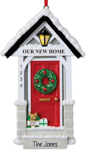 Vista 10 de Adorno de Navidad personalizado para el nuevo hogar 2026 Puerta negra con cinta de purpurina recuerdo único para el árbol de Navidad – Primer año