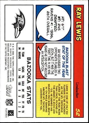 Vista 2 de 2005 Bazooka #52 Ray Lewis NFL Football Trading Card
