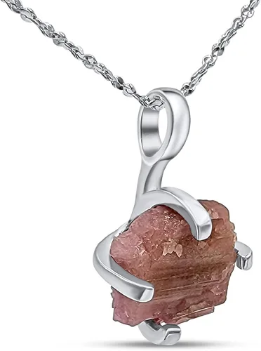 Vista 24 de Collar de cadena con colgante de piedra preciosa natural en bruto con oro blanco sobre plata de ley 925, piedra natal delicado regalo solitario