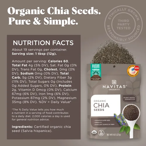 Vista 2 de Navitas Organics Semillas de chía - Para pudín de chía, batidos, horneado, ensaladas y más - Omega 3, fibra, minerales - USDA orgánico, sin OGM