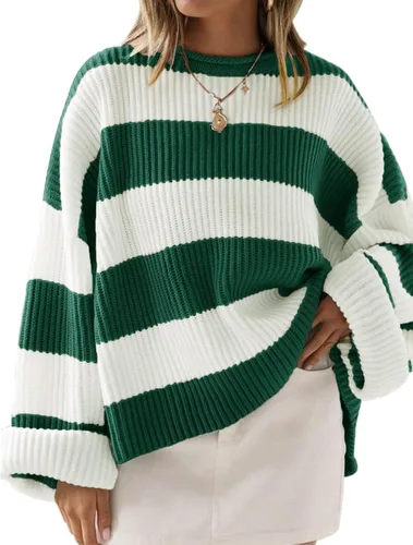 Vista 79 de ZESICA Suéter tejido sin botones de manga larga y cuello redondo, a rayas, bloques de color, cómodo, holgado, talla extragrande para mujer de 2024